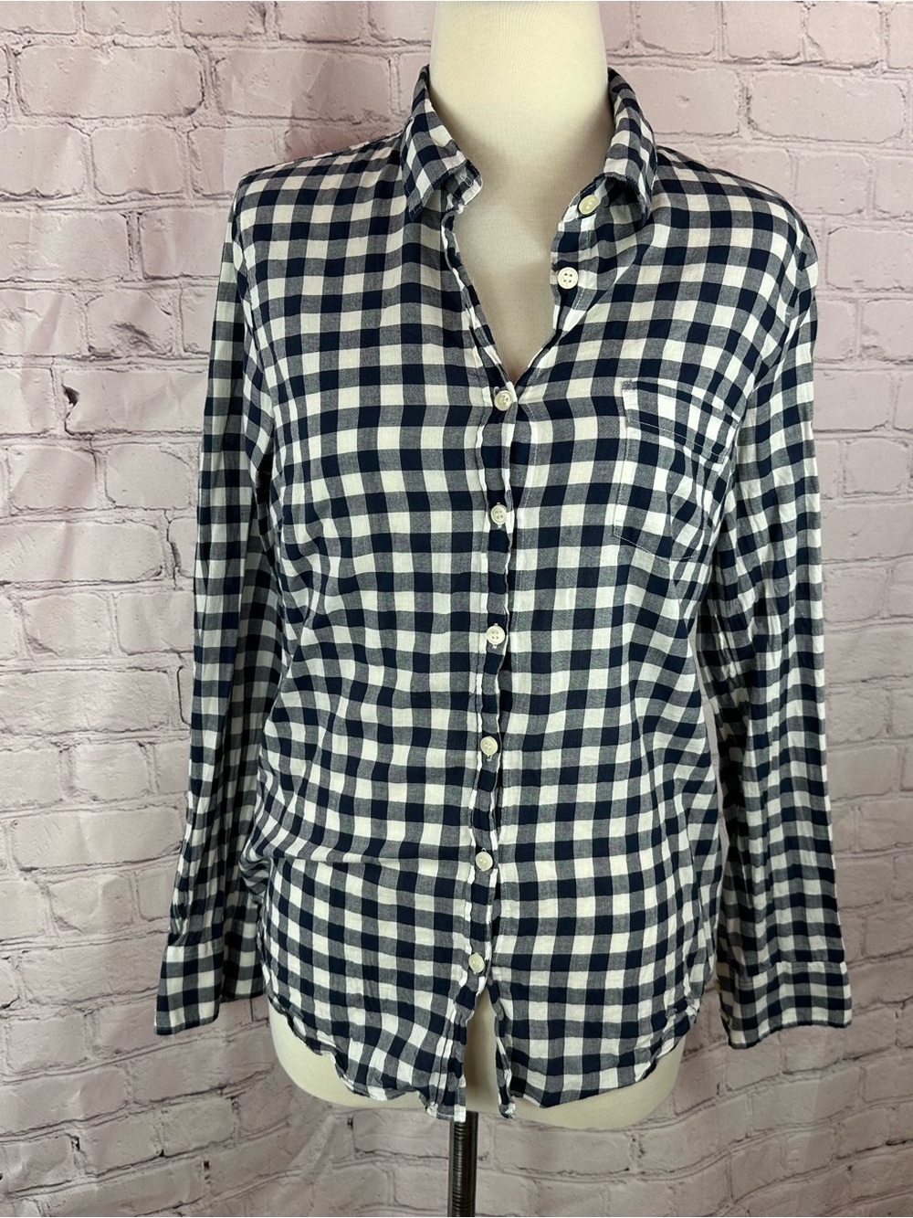 J. Crew perfect shirt Navy Gingham check plaid button up top women M layer prep